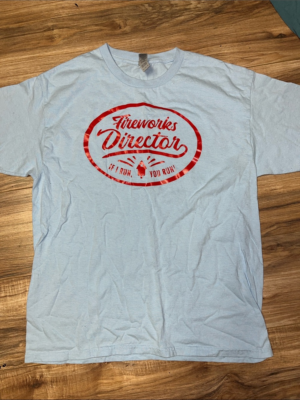 Gildan Light Blue Short Sleeve Tee with Red "Fireworks Director" Graphic